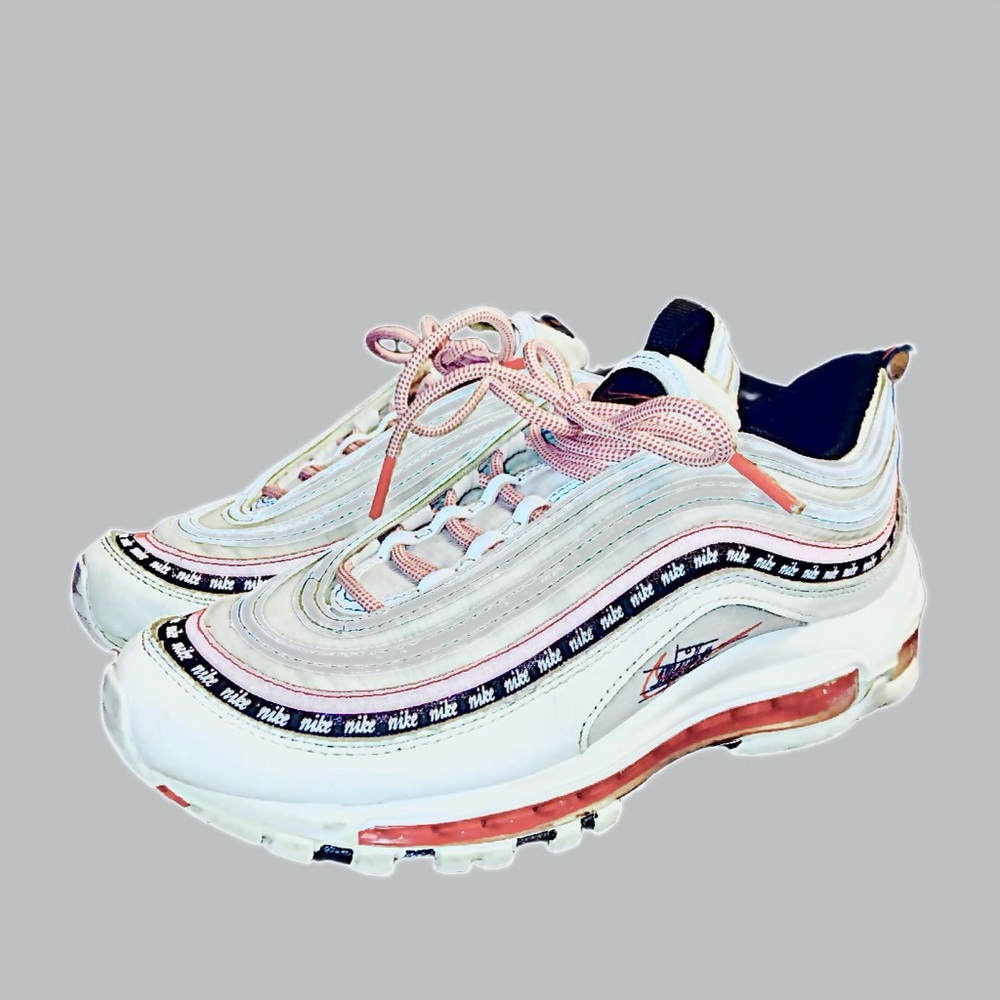 Gently used Nike Air Max 97s. Script swoosh pack white, red, and black.